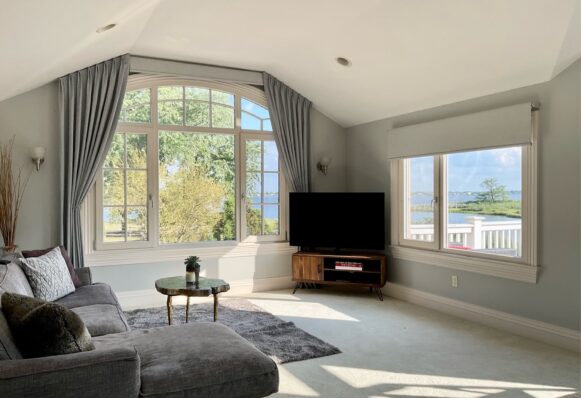 Window Treats Custom Drapery Two Finger Top Tack Angled Drapery Panels Bedroom Sitting Area Photo By Tara Harmon